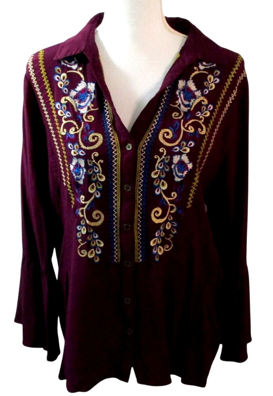 Reba Women's Purple Long Sleeve Embroidered Button Front Blouse Size XL